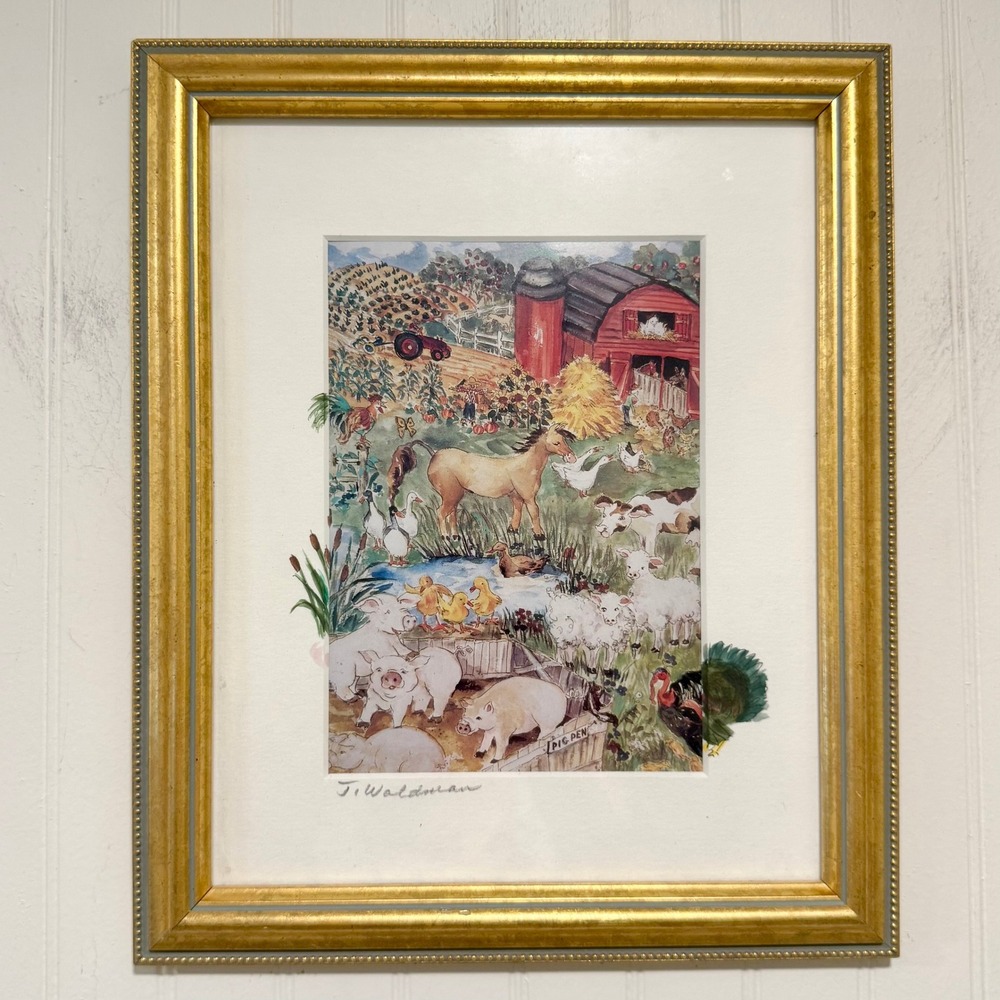 Whimsical Country Farm Animal Print Signed J Waldman Gold Frame Cottage Nursery
